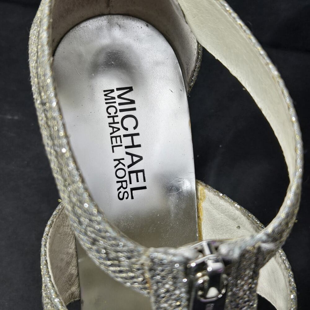 Michael Kors Women's Berkley Size 7.5 High Heel Silver Glitter Zip Sandal Shoes - Picture 2 of 16